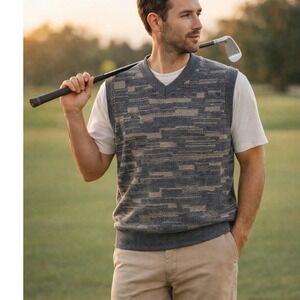 Reebok Golf Vintage 90s Abstract Geometric V-Neck Sweater Vest Gray Mens XL